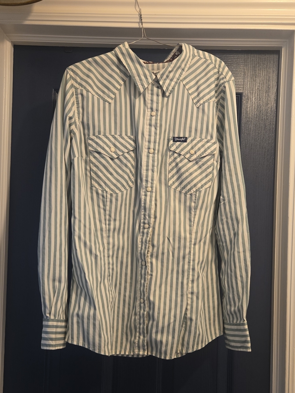 WOMENS LARGE Wrangler Vertical Stripe Western Shirt - Green & White